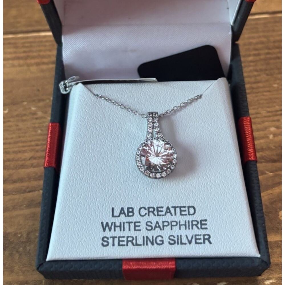 Lab Created White Sapphire Pendant Necklace 925 Sterling Silver 18” NWT